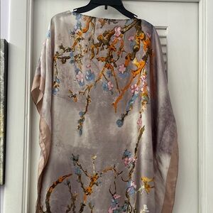 Floral Branch Satin Kimono Top in Taupe and Pink